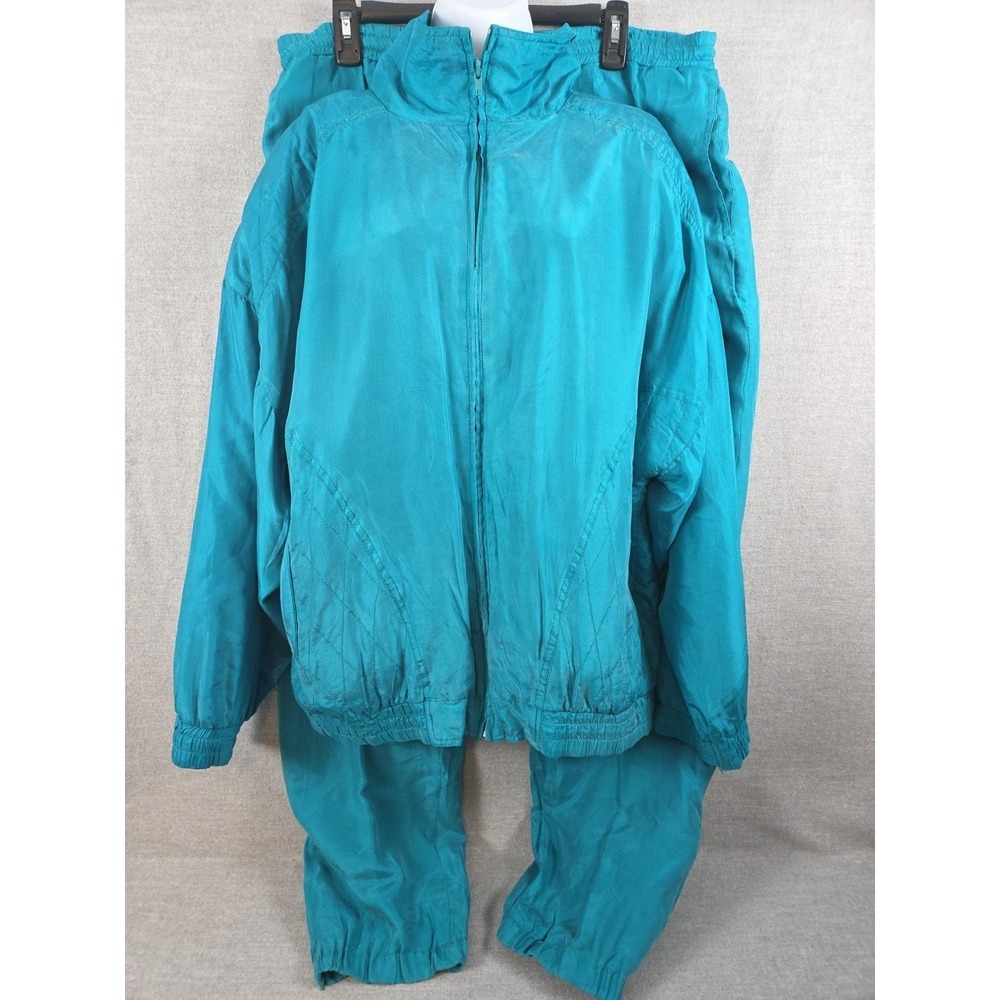 Swell Quilted Silk Track Jogging Suit L Shoulder Pads‎ Turquoise Vintage 80s 90s